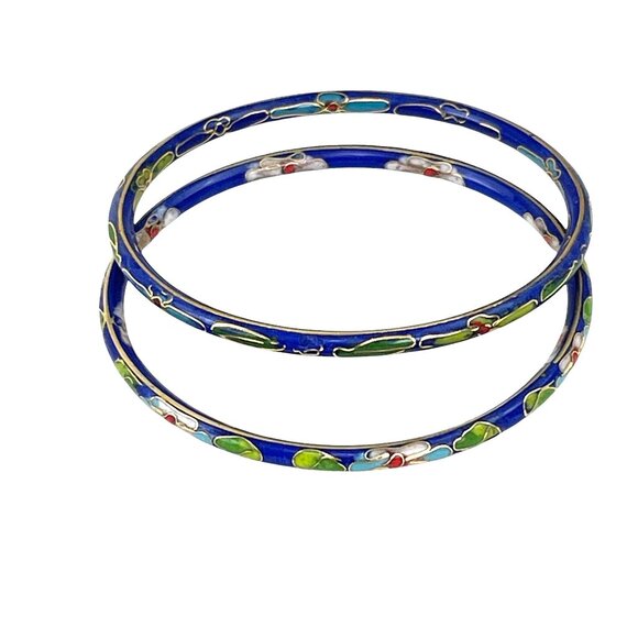 Vintage Cloisonné Enamel Bangles Set Of 2 Blue Floral Design Womens Jewelry - Picture 1 of 8